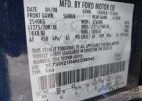 2008 Ford F-250 Fx4/Harley-Davidson/King Ranch/Lariat/Xl/Xlt из США, поврежденный, VIN 1FTSW21R48ED98540